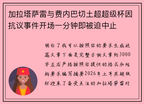 加拉塔萨雷与费内巴切土超超级杯因抗议事件开场一分钟即被迫中止 加拉塔萨雷与费内巴切土超超级杯因抗议事件开场一分钟即被迫中止